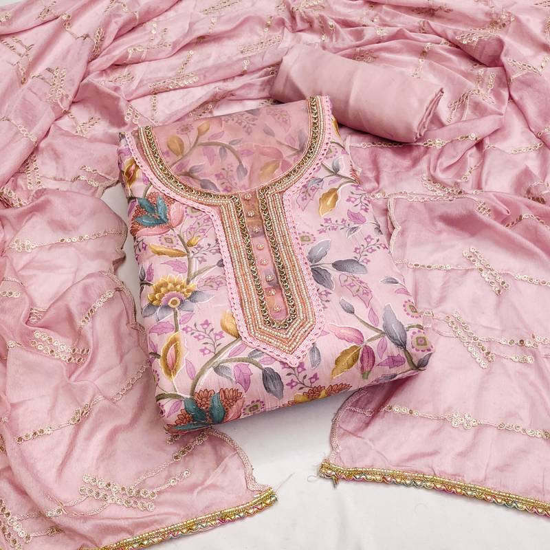 pink organza hand embroidery dress material