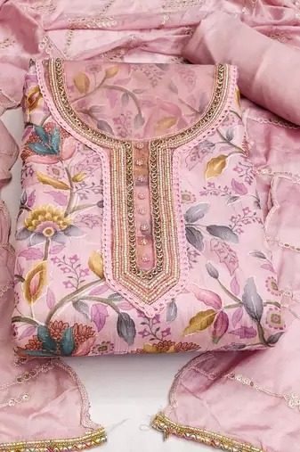 pink organza hand embroidery dress material