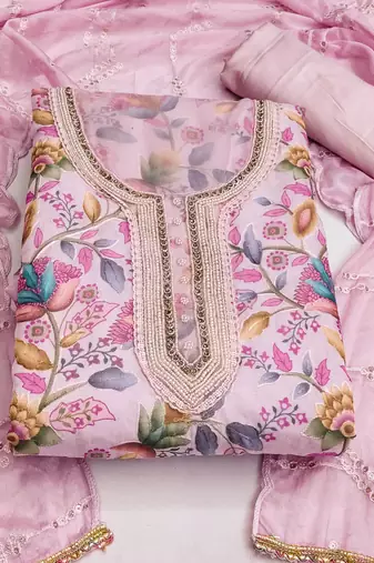 baby pink organza hand embroidery dress material