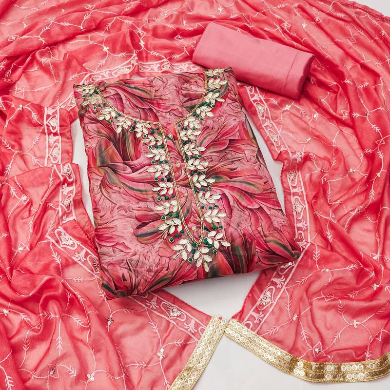 pink organza hand embroidery dress material