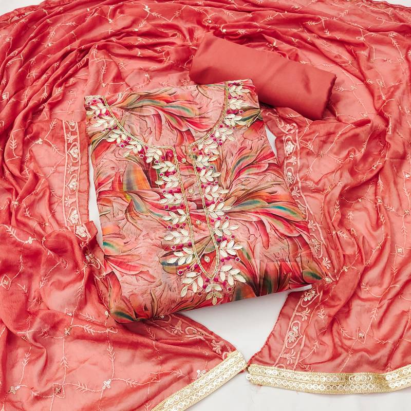 peach organza hand embroidery dress material