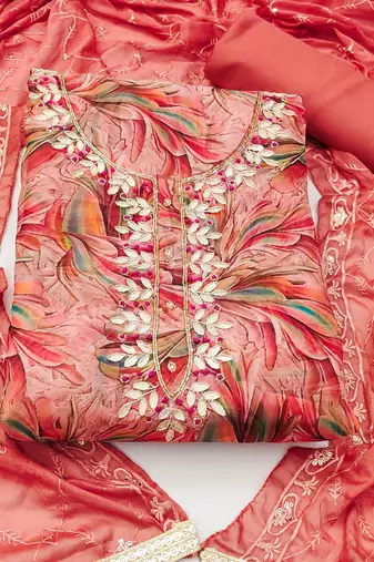 peach organza hand embroidery dress material