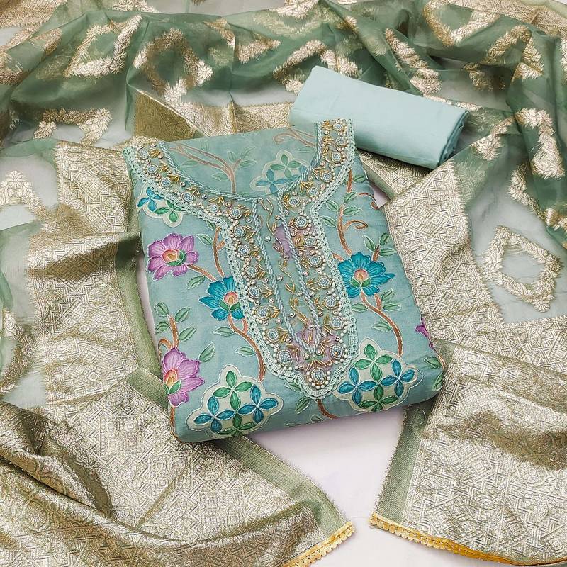 sky blue organza hand embroidery dress material