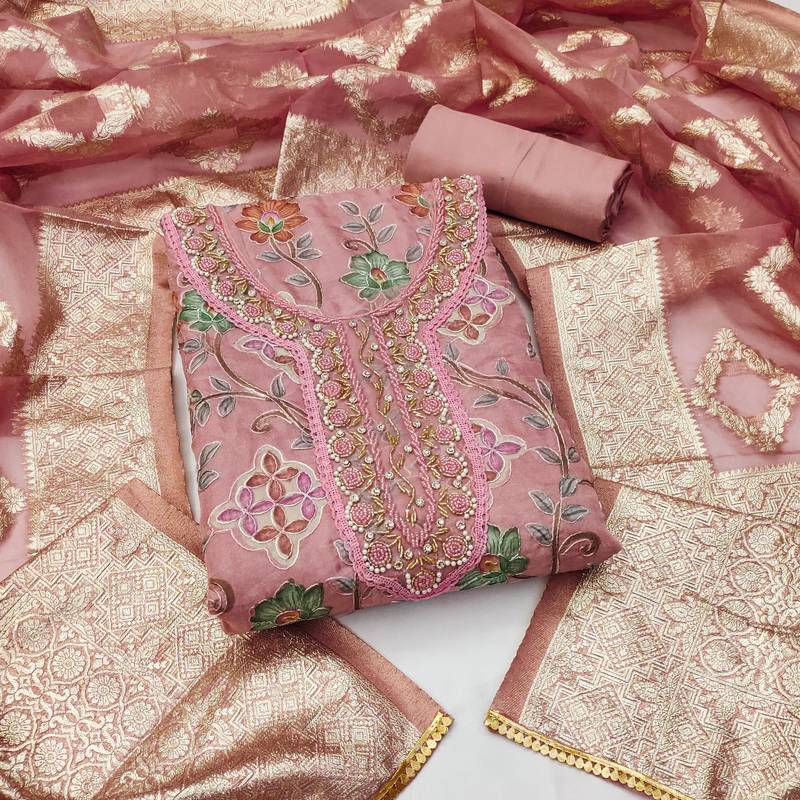 pink organza hand embroidery dress material