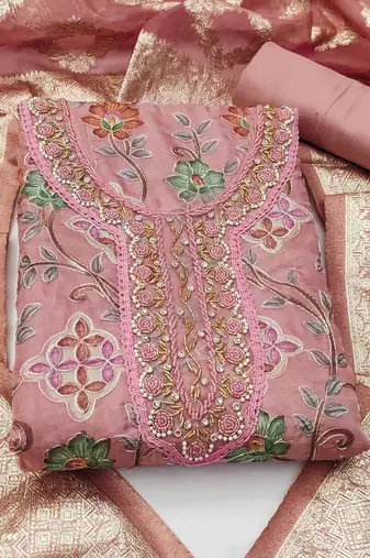 pink organza hand embroidery dress material