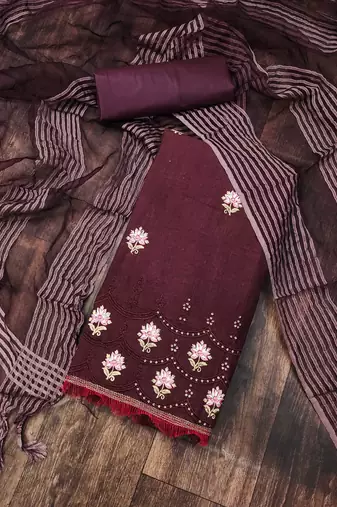 magenta cotton embroidered dress material