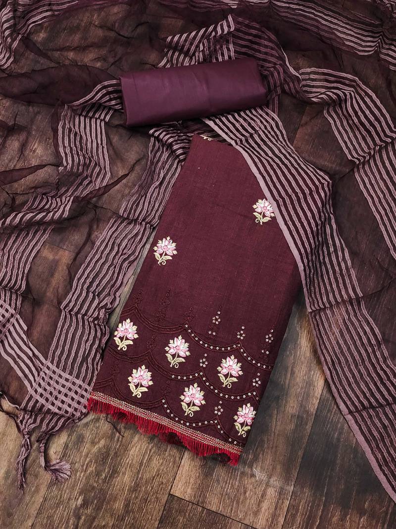 magenta cotton embroidered dress material
