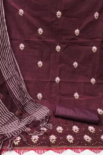 magenta cotton embroidered dress material