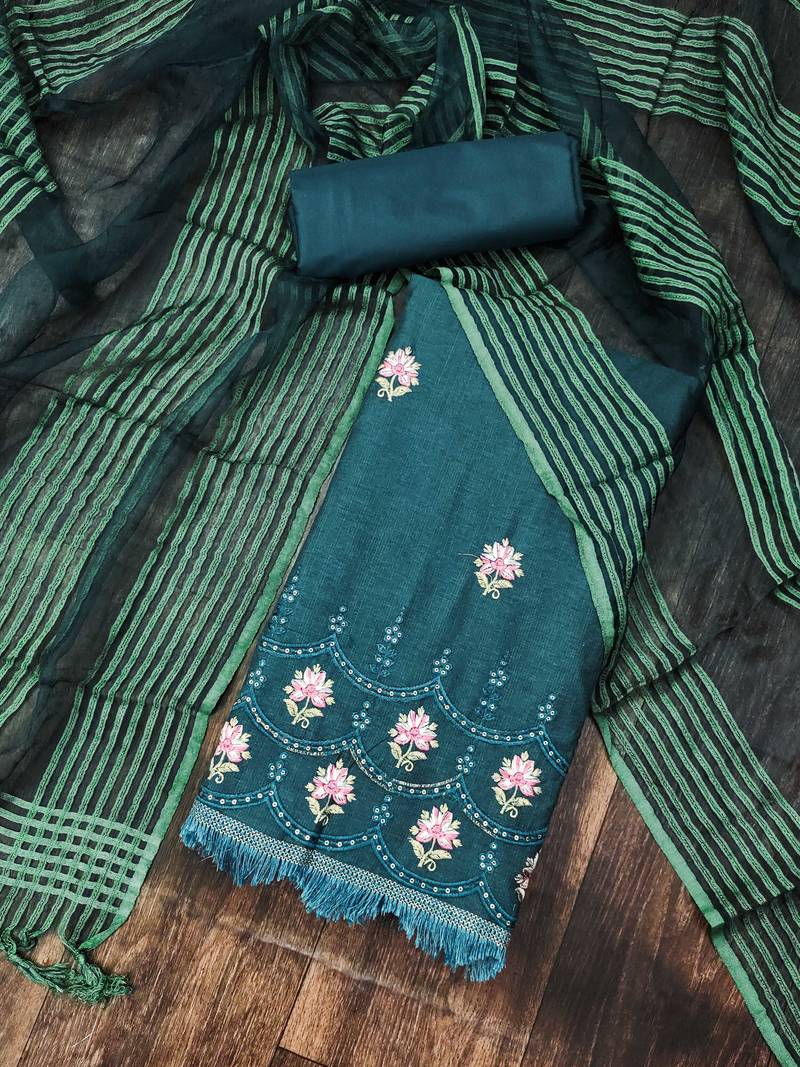 green cotton embroidered dress material