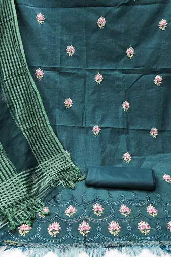 green cotton embroidered dress material