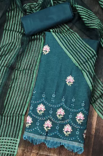 green cotton embroidered dress material