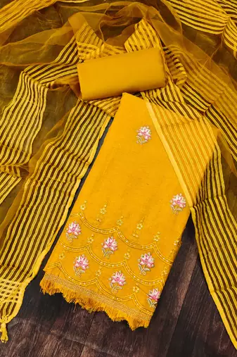 yellow cotton embroidered dress material