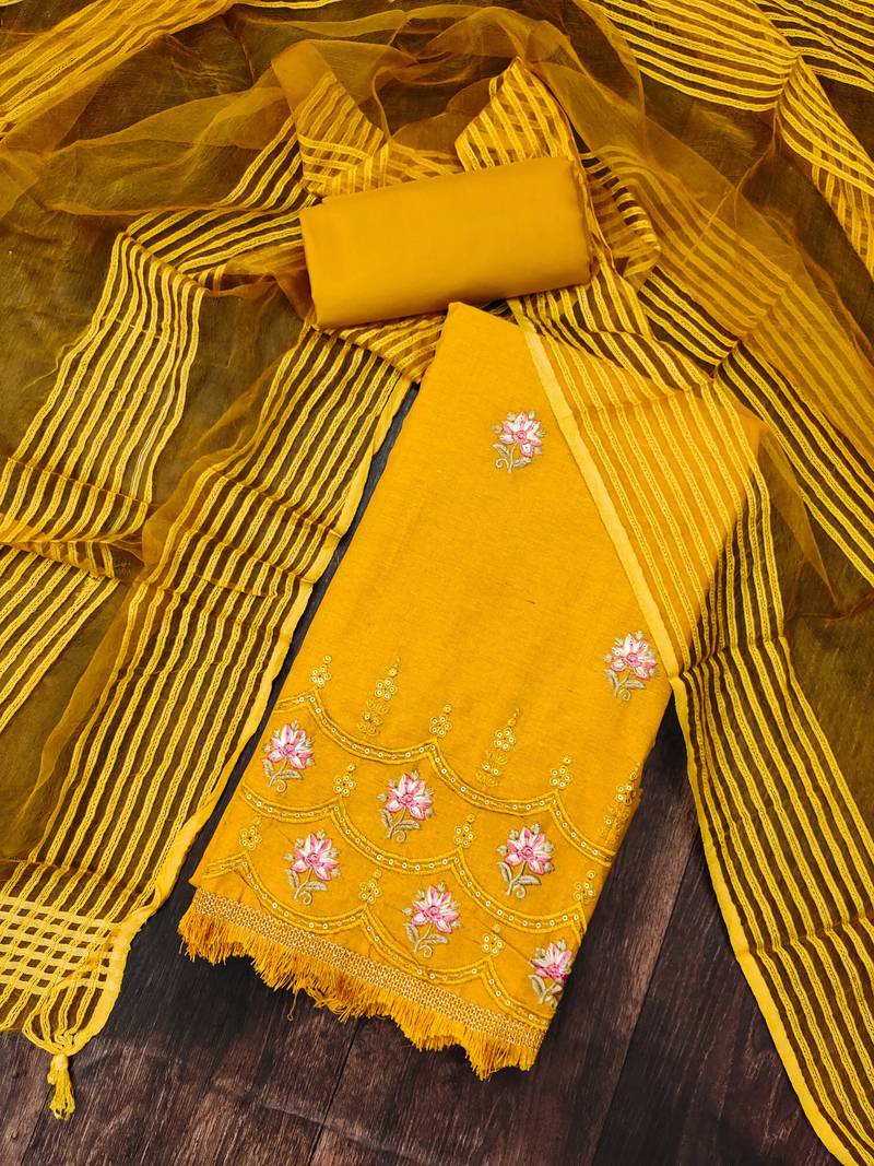 yellow cotton embroidered dress material