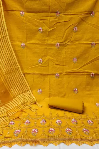 yellow cotton embroidered dress material