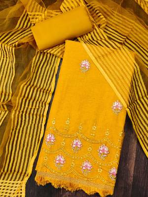 yellow cotton embroidered dress material 3