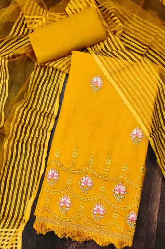 yellow cotton embroidered dress material