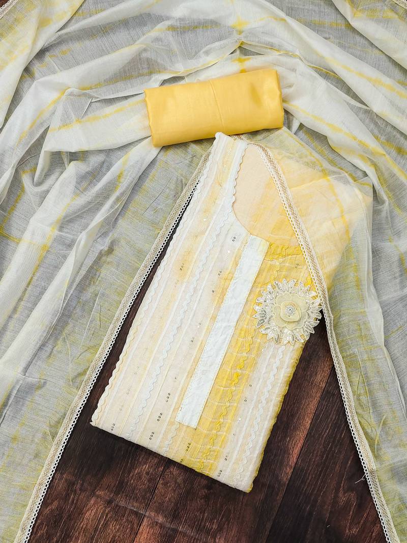 yellow cotton sequins dress material