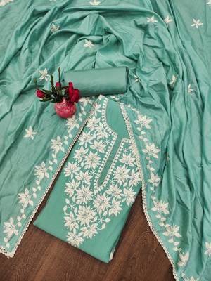 sea green silk blend thread embroidery dress material 1