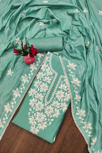 sea green silk blend thread embroidery dress material