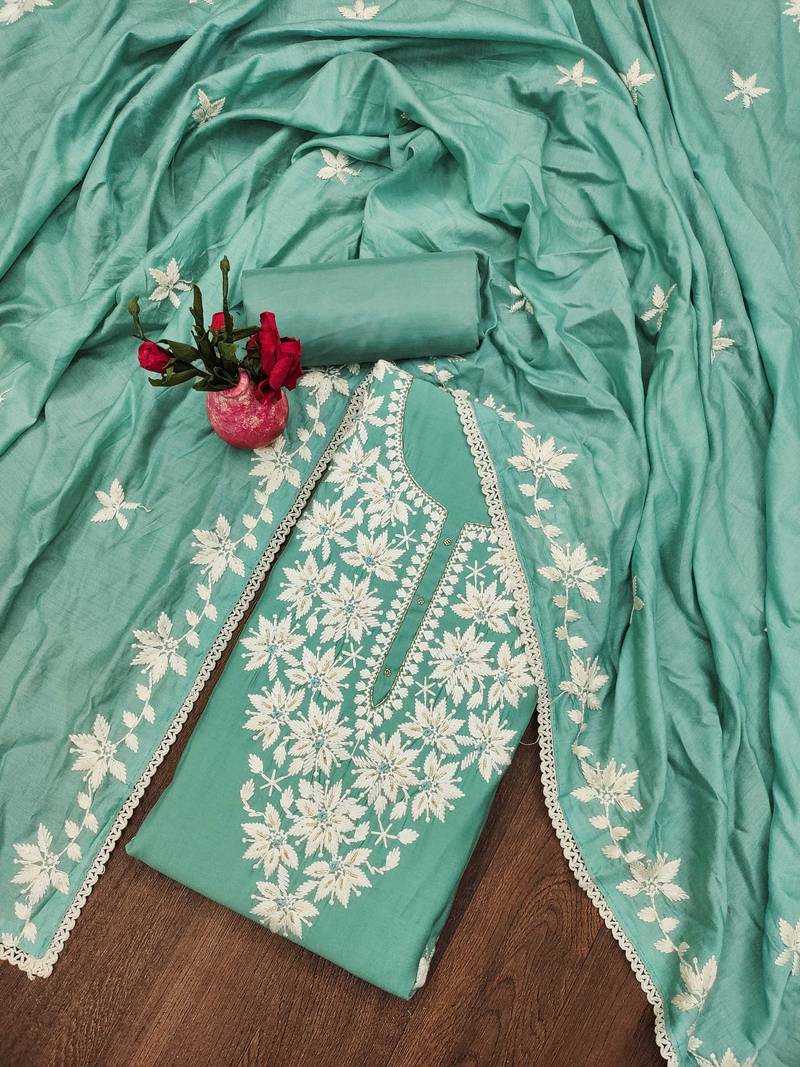 sea green silk blend thread embroidery dress material