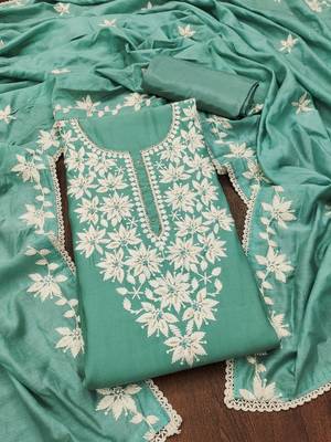 sea green silk blend thread embroidery dress material 3