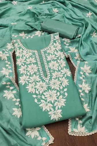 sea green silk blend thread embroidery dress material