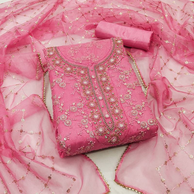 pink organza sequins dress material