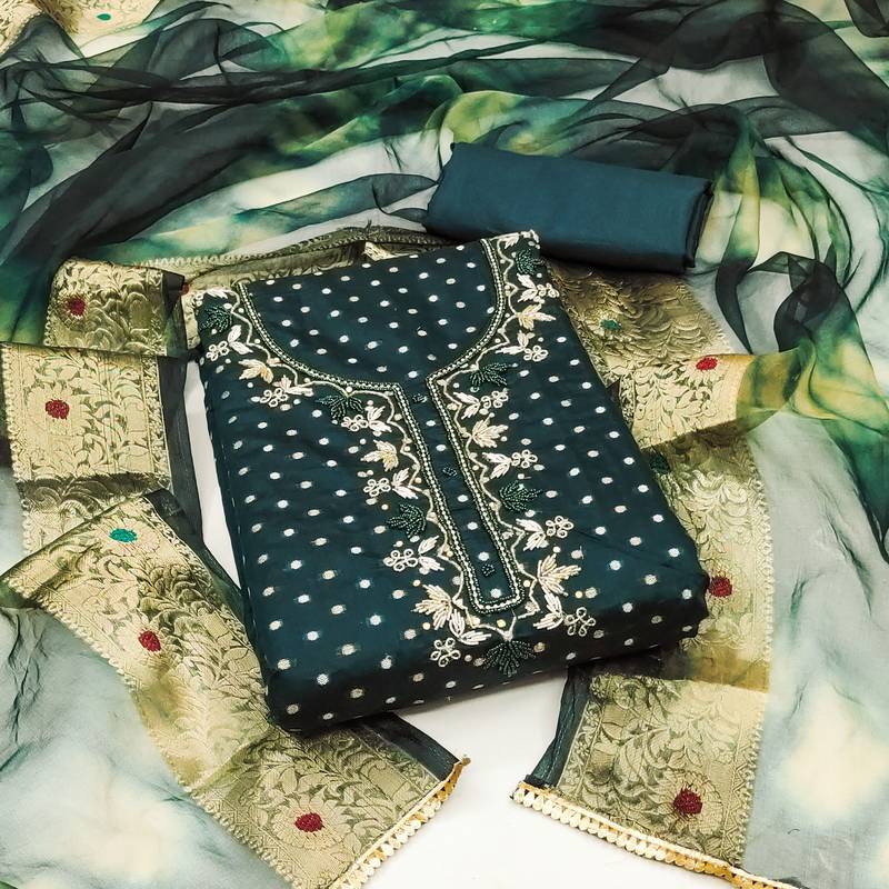 green cotton hand embroidery dress material