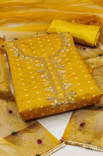 mustard cotton hand embroidery dress material