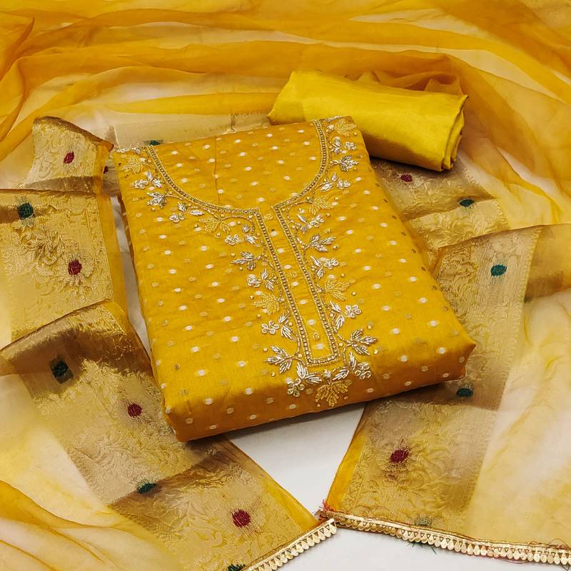 mustard cotton hand embroidery dress material