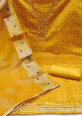 mustard cotton hand embroidery dress material 2