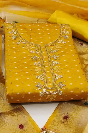 mustard cotton hand embroidery dress material