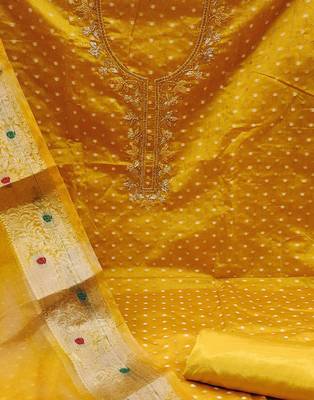mustard cotton hand embroidery dress material 4