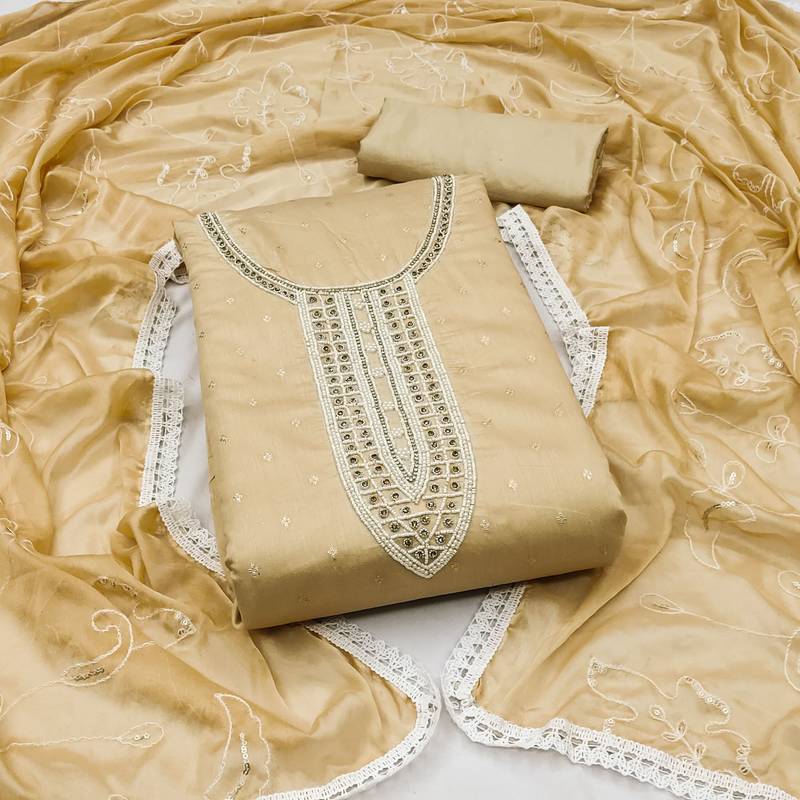 beige cotton hand embroidery dress material