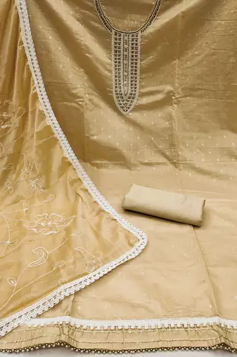 beige cotton hand embroidery dress material