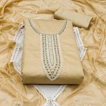 beige cotton hand embroidery dress material 3