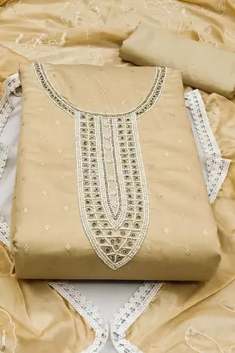 beige cotton hand embroidery dress material