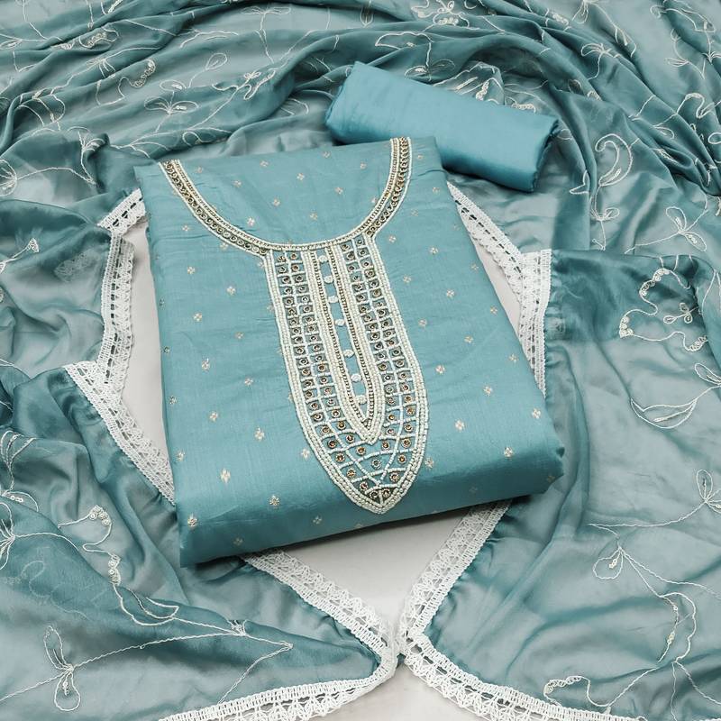 teal blue cotton hand embroidery dress material