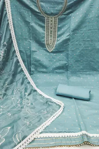 teal blue cotton hand embroidery dress material