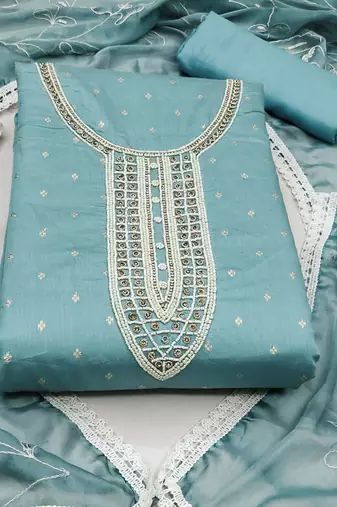 teal blue cotton hand embroidery dress material