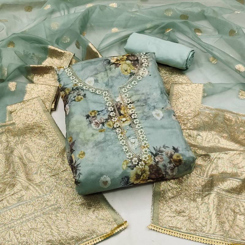 teal blue organza hand embroidery dress material