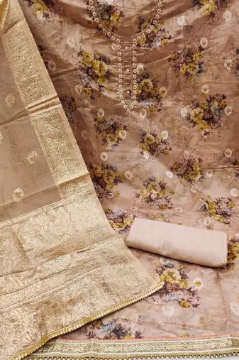 beige organza hand embroidery dress material