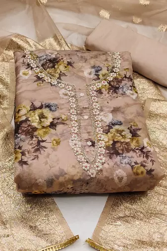 beige organza hand embroidery dress material