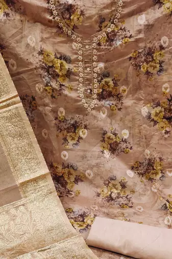 beige organza hand embroidery dress material