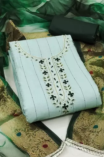 sea green cotton hand embroidery dress material