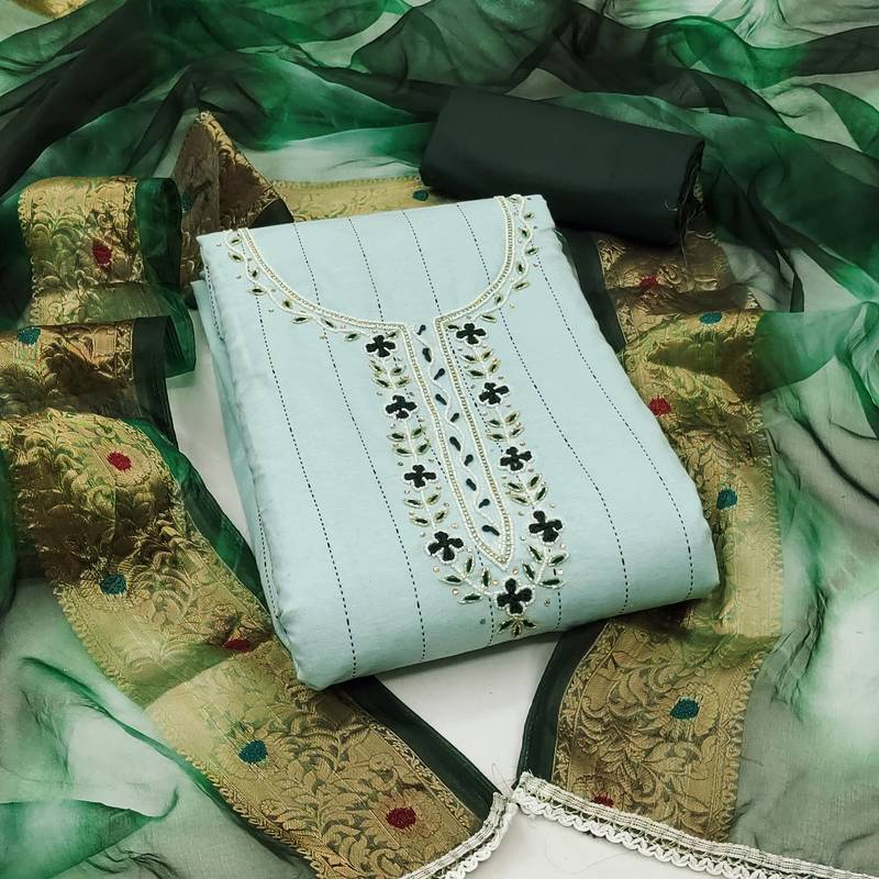 sea green cotton hand embroidery dress material