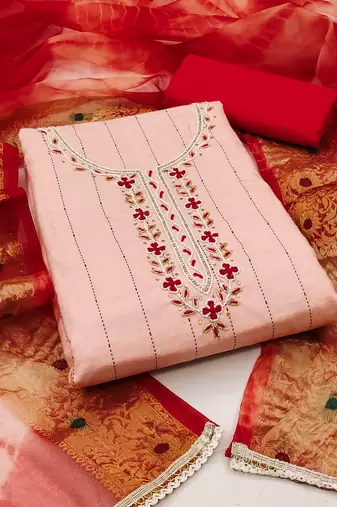 peach cotton hand embroidery dress material