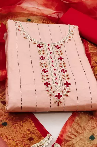 peach cotton hand embroidery dress material