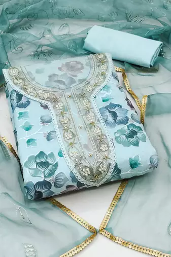 blue organza embroidered dress material