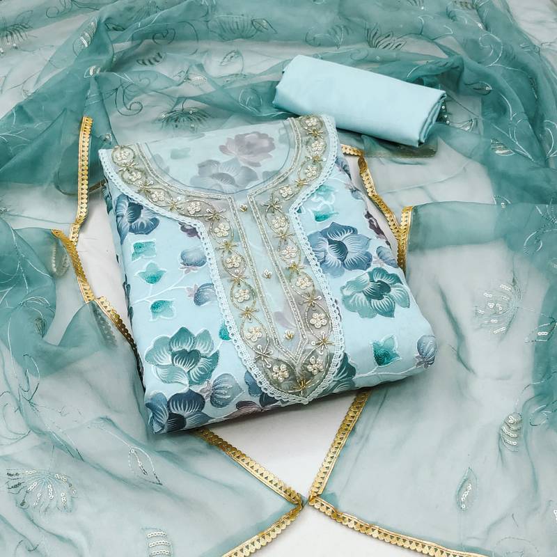 blue organza embroidered dress material